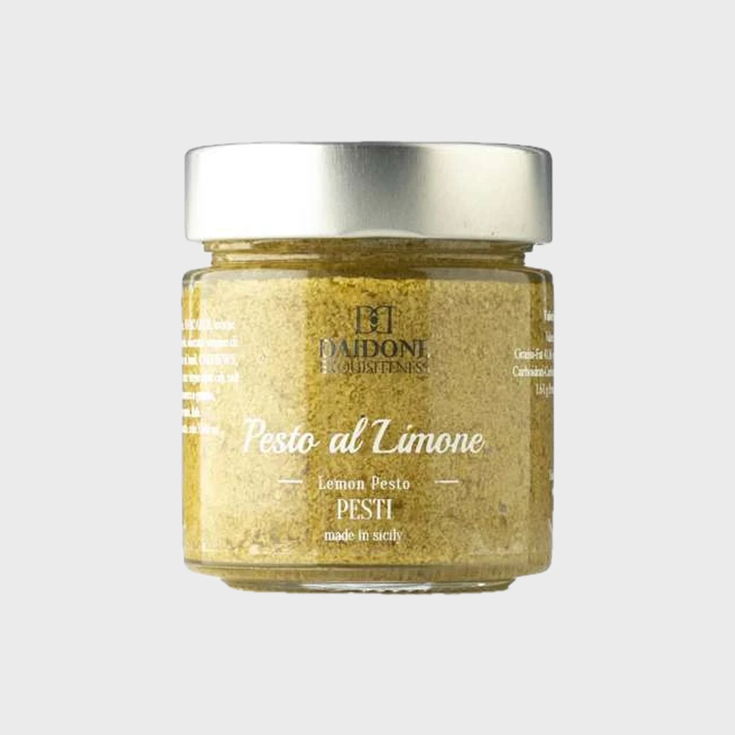 200 Gramm-Glas Pesto al Limone von Daidone. Erfrischendes sizilianisches Pesto mit klarer Zitrusnote aus grünen Oliven,  Basilikum, Olivenöl, Zitronenzesten, Cashews, Mandeln und Petersilie.