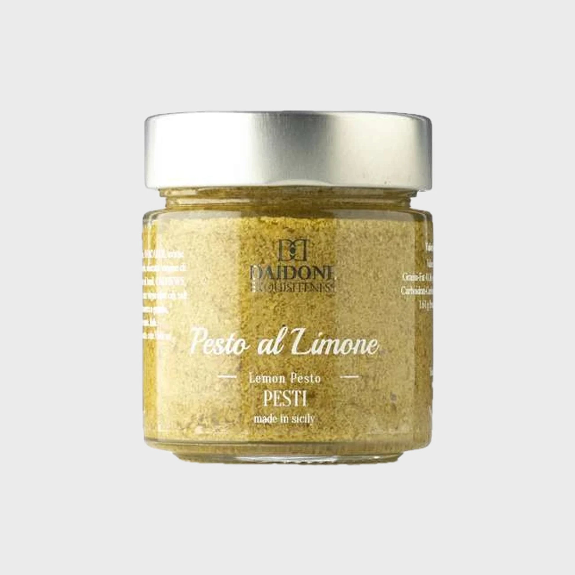 200 Gramm-Glas Pesto al Limone von Daidone. Erfrischendes sizilianisches Pesto mit klarer Zitrusnote aus grünen Oliven,  Basilikum, Olivenöl, Zitronenzesten, Cashews, Mandeln und Petersilie.