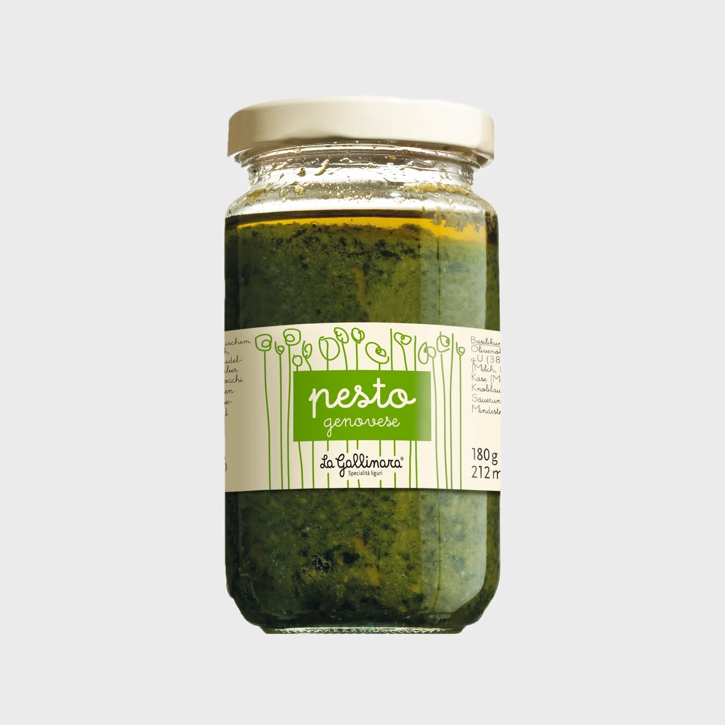 180 Gramm-Glas mit grünem Etikett Pesto Genovese von Gallinara aus ligurischem Basilikum zu Pasta, Kalbfleisch und Geflügel und als Brotaufstrich.