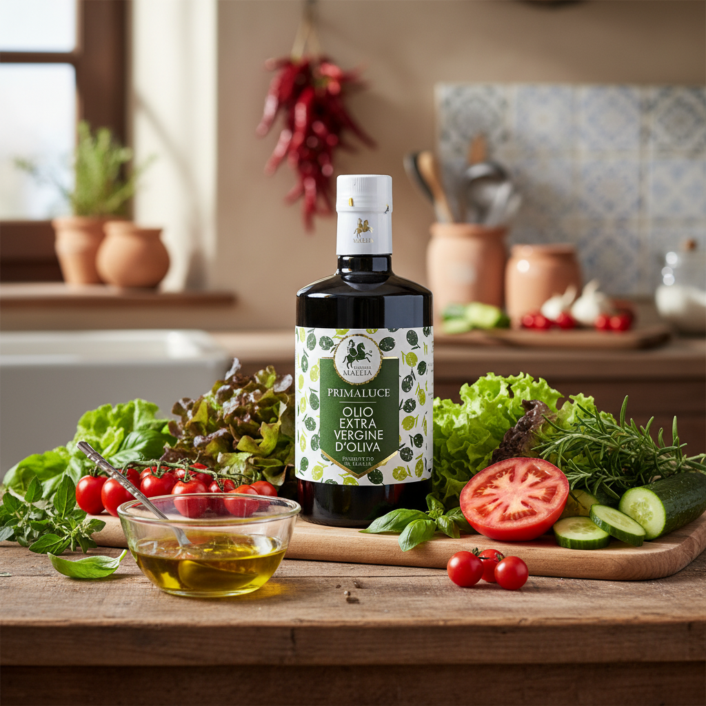 Glasflasche mit Olivenöl extra von Oleificio Mallia steht auf Holzbrett auf einem Holztisch, umgeben von frischen Salatblättern, Tomaten, Gurke und Rosmarin. Im Vordergrund steht ein Glasschälchen mit dem gold-gelben Olivenöl Primaluce und Teelöffel darin. Im Hintergrund unscharf Küchenutensilien und Pflanze in Terrakotta-Gefäßen auf Arbeitsplatte.